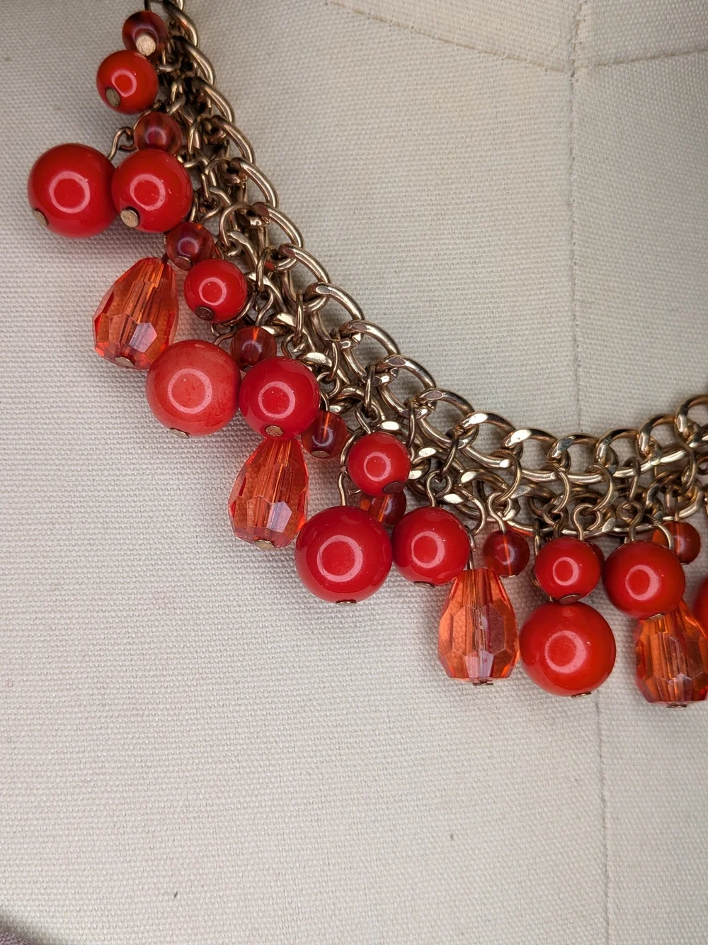 Dark Orange Bead Gold Cluster Fringe Statement Collar Necklace & Earrings Set